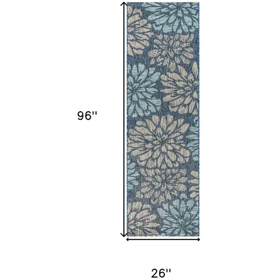 8' Navy Blue And Aqua Floral Indoor Outdoor Runner Rug Photo 7