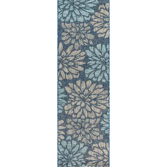 8' Navy Blue And Aqua Floral Indoor Outdoor Runner Rug Photo 2