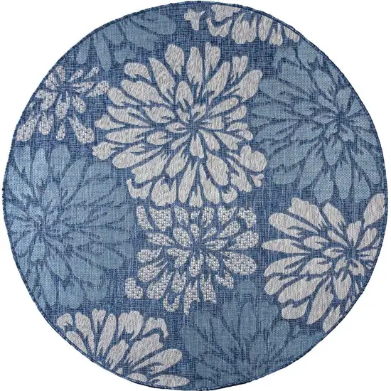 8' Navy Blue And Aqua Round Floral Indoor Outdoor Area Rug Photo 3