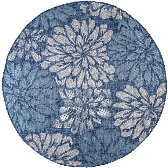 8' Navy Blue And Aqua Round Floral Indoor Outdoor Area Rug Photo 1