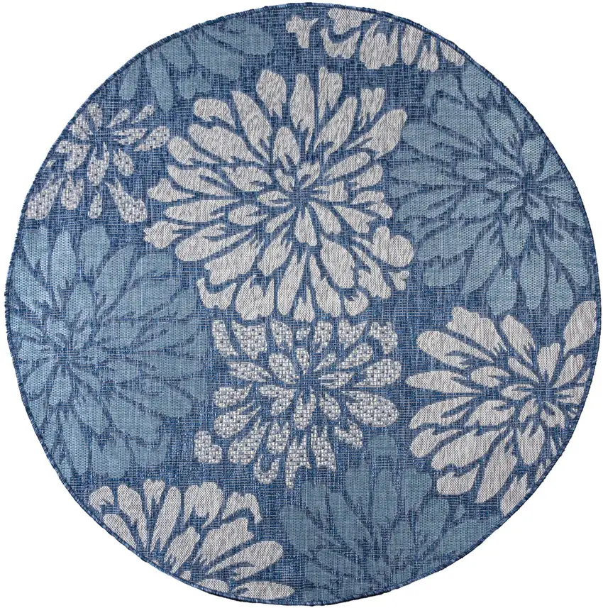 8' Navy Blue And Aqua Round Floral Indoor Outdoor Area Rug Photo 1