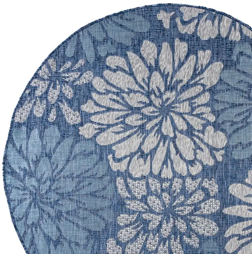 8' Navy Blue And Aqua Round Floral Indoor Outdoor Area Rug Photo 2