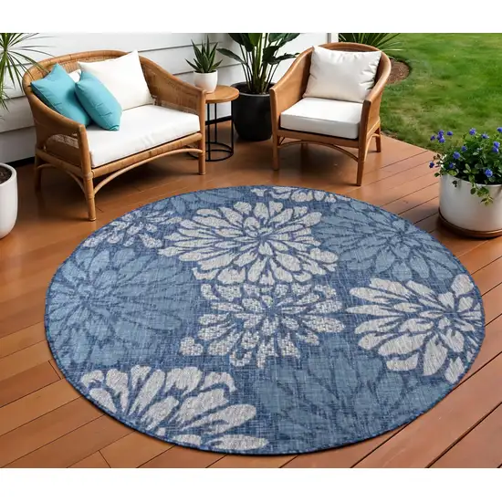 9' Navy Blue And Aqua Round Floral Indoor Outdoor Area Rug Photo 1