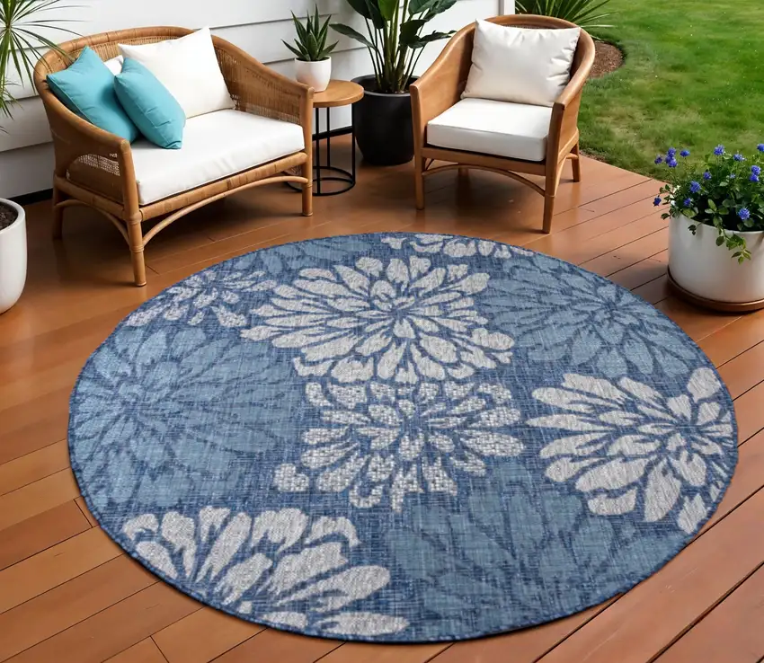 9' Navy Blue And Aqua Round Floral Indoor Outdoor Area Rug Photo 1