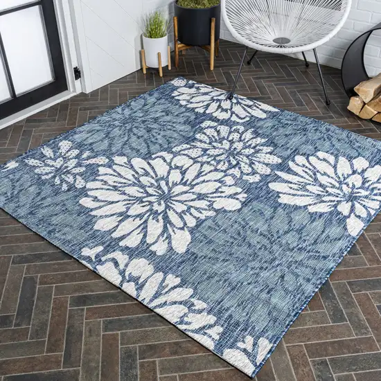 5' Navy Blue And Aqua Square Floral Indoor Outdoor Area Rug Photo 5