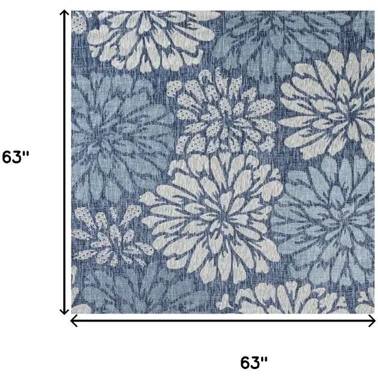 5' Navy Blue And Aqua Square Floral Indoor Outdoor Area Rug Photo 3