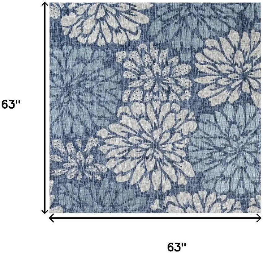 5' Navy Blue And Aqua Square Floral Indoor Outdoor Area Rug Photo 3