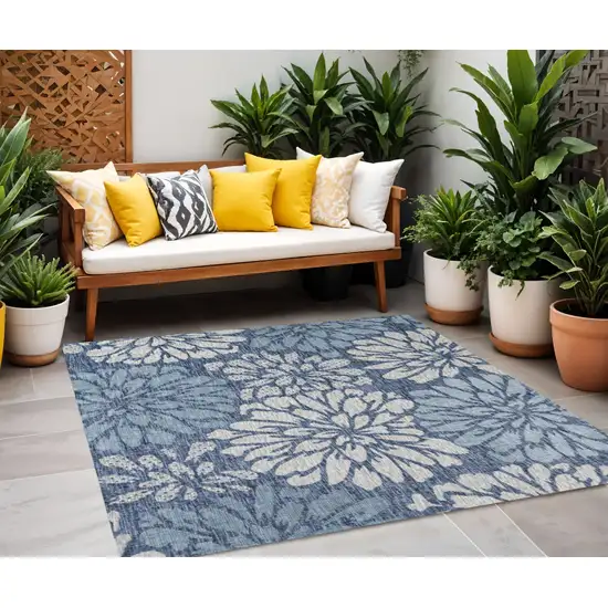 6' Navy Blue And Aqua Square Floral Indoor Outdoor Area Rug Photo 1