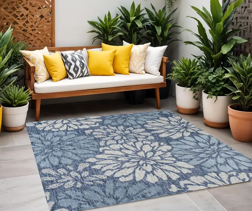 6' Navy Blue And Aqua Square Floral Indoor Outdoor Area Rug Photo 1
