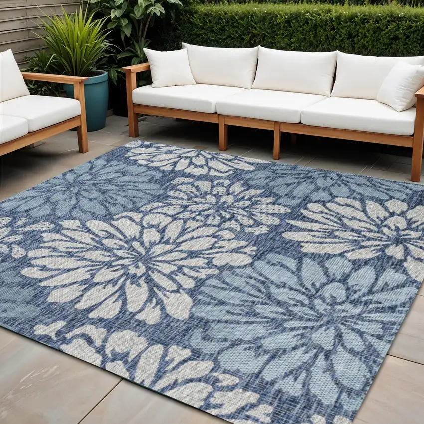 4' Navy Blue And Aqua Square Floral Indoor Outdoor Area Rug Photo 1