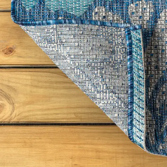4' Navy Blue And Aqua Square Floral Indoor Outdoor Area Rug Photo 7