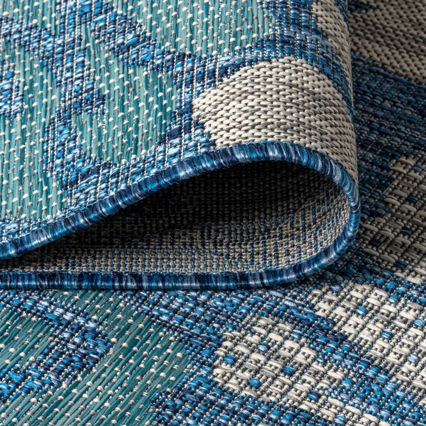 9' Navy Blue And Aqua Square Floral Indoor Outdoor Area Rug Photo 7