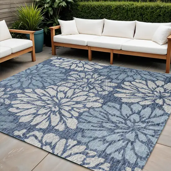 9' Navy Blue And Aqua Square Floral Indoor Outdoor Area Rug Photo 1