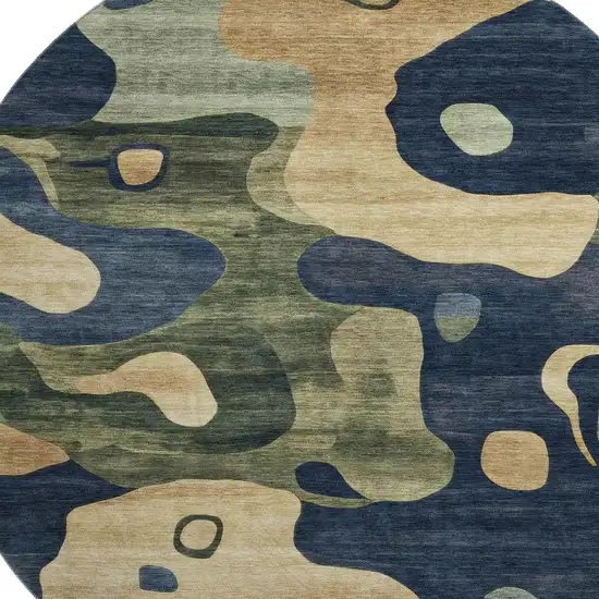 8' Navy Blue And Beige Abstract Washable Round Rug With UV Protection Photo 3