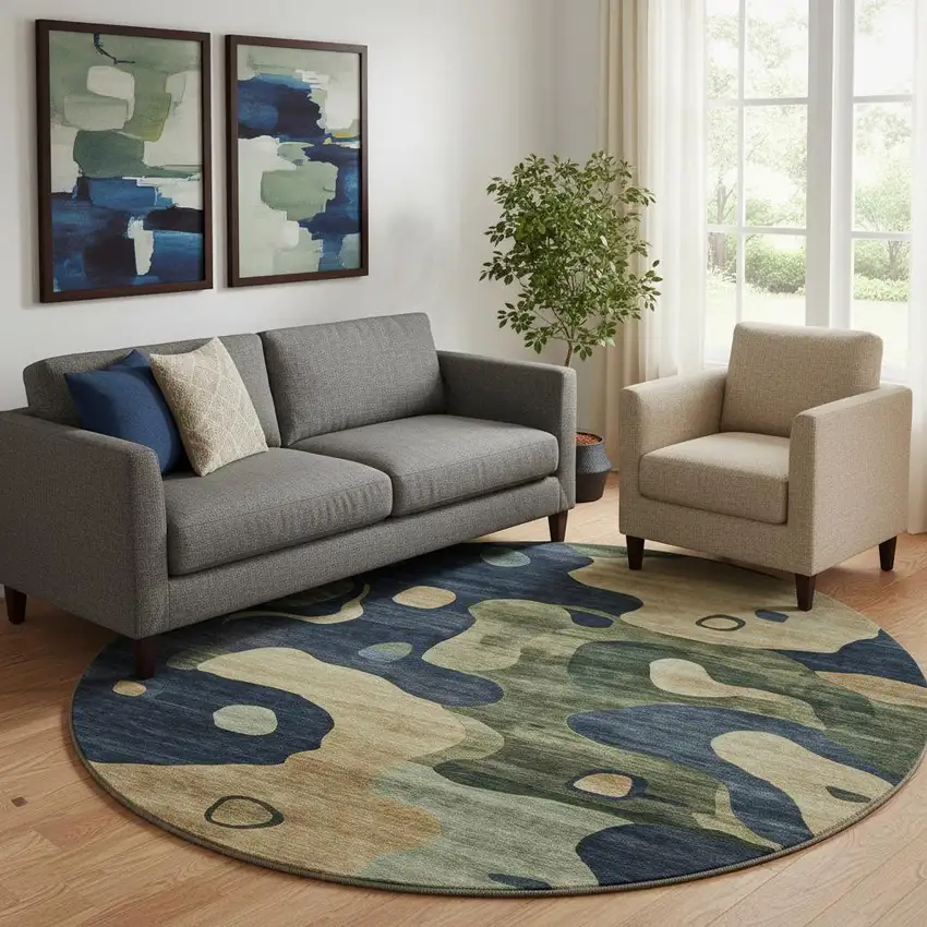 8' Navy Blue And Beige Abstract Washable Round Rug With UV Protection Photo 2