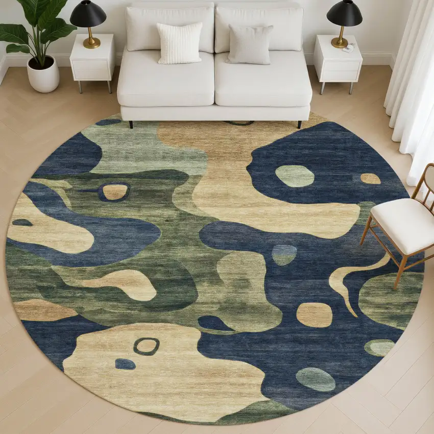 8' Navy Blue And Beige Abstract Washable Round Rug With UV Protection Photo 5