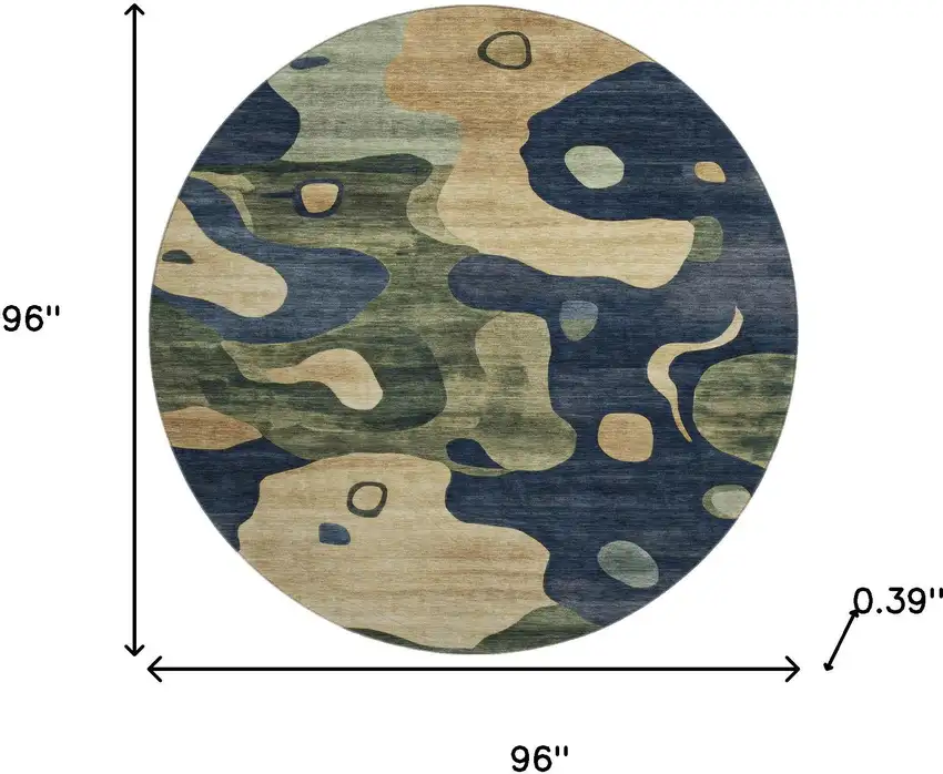 8' Navy Blue And Beige Abstract Washable Round Rug With UV Protection Photo 8