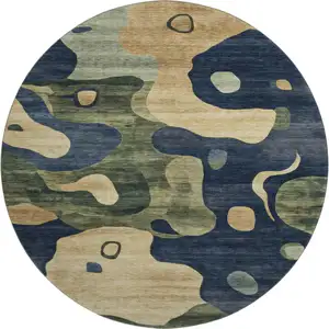 Photo of 8' Navy Blue And Beige Abstract Washable Round Rug With UV Protection