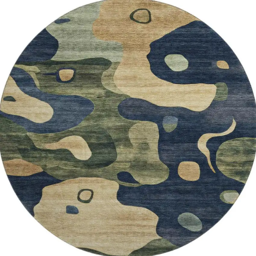 8' Navy Blue And Beige Abstract Washable Round Rug With UV Protection Photo 4