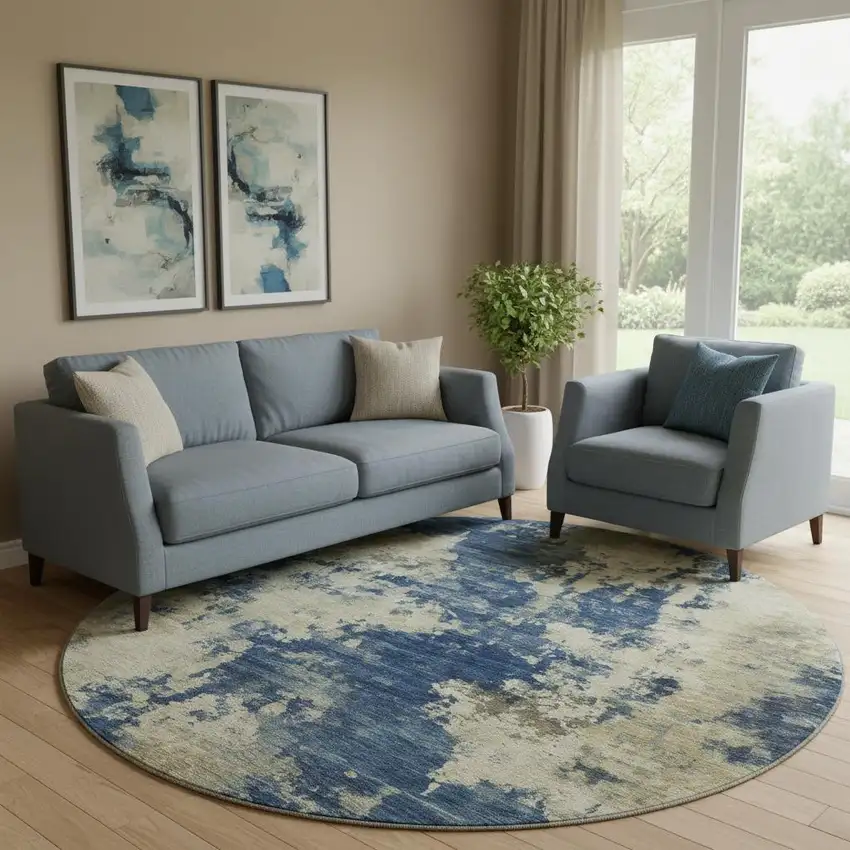 8' Navy Blue And Beige Abstract Washable Round Rug With UV Protection Photo 2