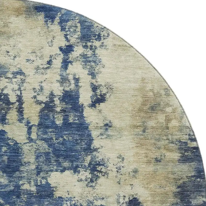 8' Navy Blue And Beige Abstract Washable Round Rug With UV Protection Photo 4