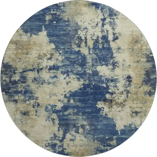 8' Navy Blue And Beige Abstract Washable Round Rug With UV Protection Photo 1