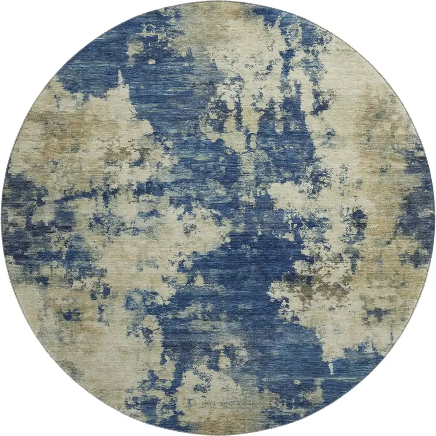 8' Navy Blue And Beige Abstract Washable Round Rug With UV Protection Photo 1