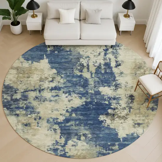 8' Navy Blue And Beige Abstract Washable Round Rug With UV Protection Photo 5
