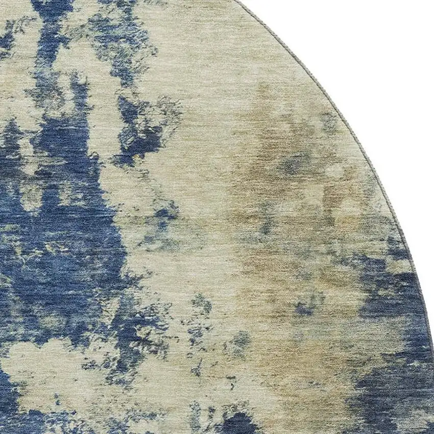 8' Navy Blue And Beige Abstract Washable Round Rug With UV Protection Photo 3