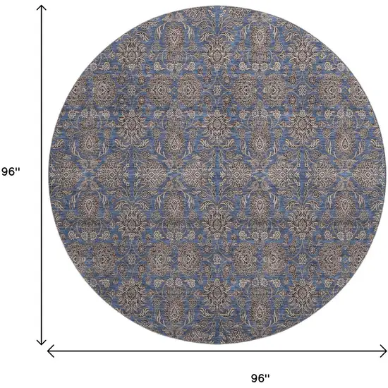 8' Navy Blue And Beige Floral Washable Round Rug With UV Protection Photo 9