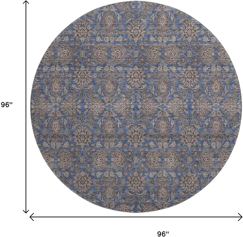 8' Navy Blue And Beige Floral Washable Round Rug With UV Protection Photo 9
