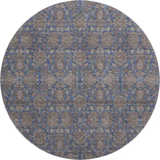 8' Navy Blue And Beige Floral Washable Round Rug With UV Protection Photo 1