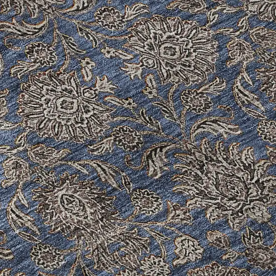 8' Navy Blue And Beige Floral Washable Round Rug With UV Protection Photo 8