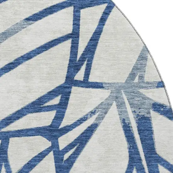 8' Navy Blue And Beige Floral Washable Round Rug With UV Protection Photo 3