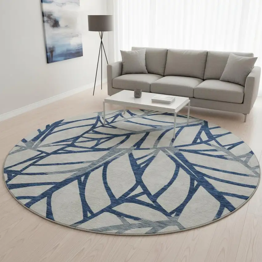 8' Navy Blue And Beige Floral Washable Round Rug With UV Protection Photo 2