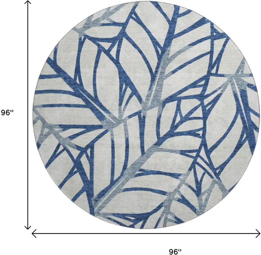 8' Navy Blue And Beige Floral Washable Round Rug With UV Protection Photo 3