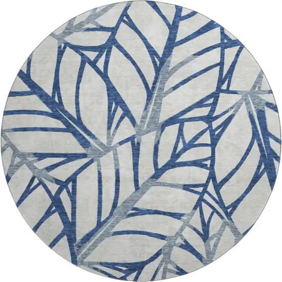 8' Navy Blue And Beige Floral Washable Round Rug With UV Protection Photo 1