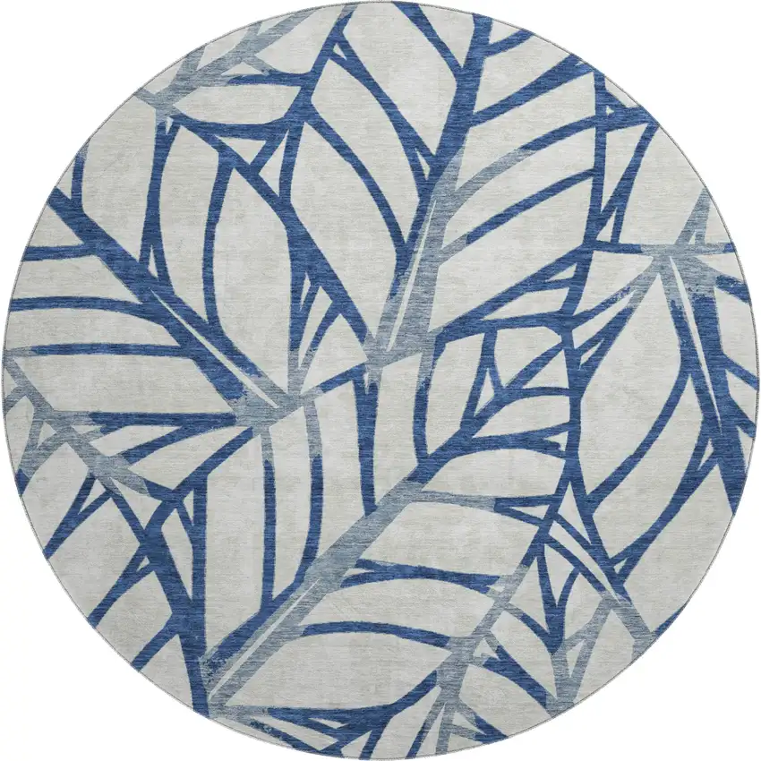 8' Navy Blue And Beige Floral Washable Round Rug With UV Protection Photo 1