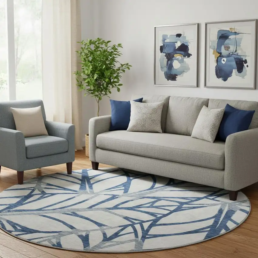 8' Navy Blue And Beige Floral Washable Round Rug With UV Protection Photo 1