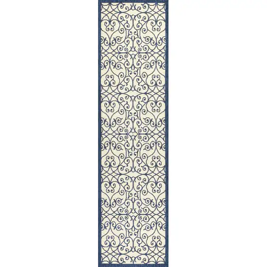10' Navy Blue And Beige Geometric Indoor Outdoor Runner Rug Photo 1