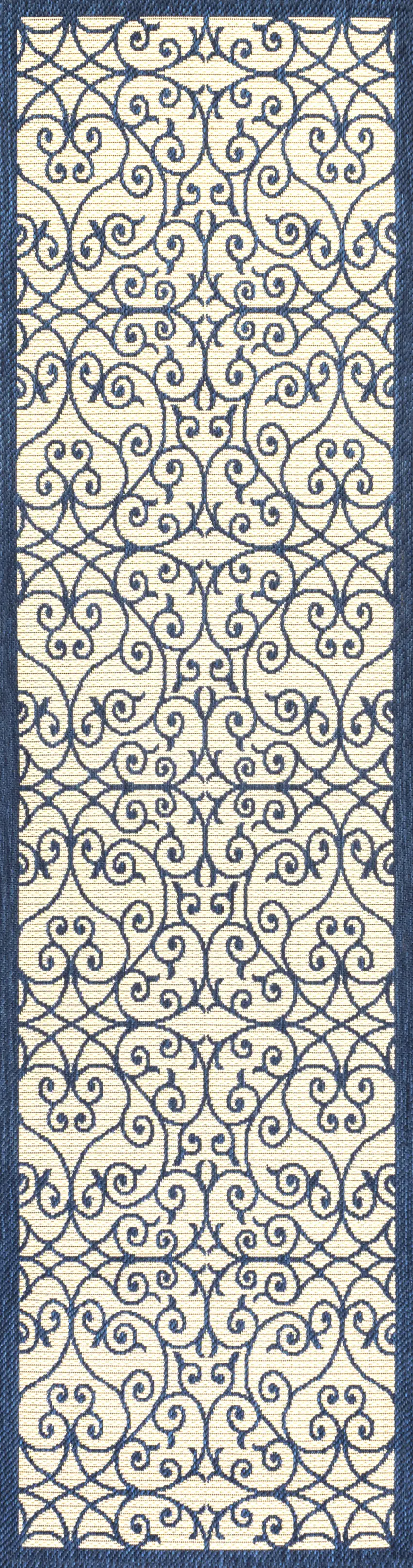 10' Navy Blue And Beige Geometric Indoor Outdoor Runner Rug Photo 1