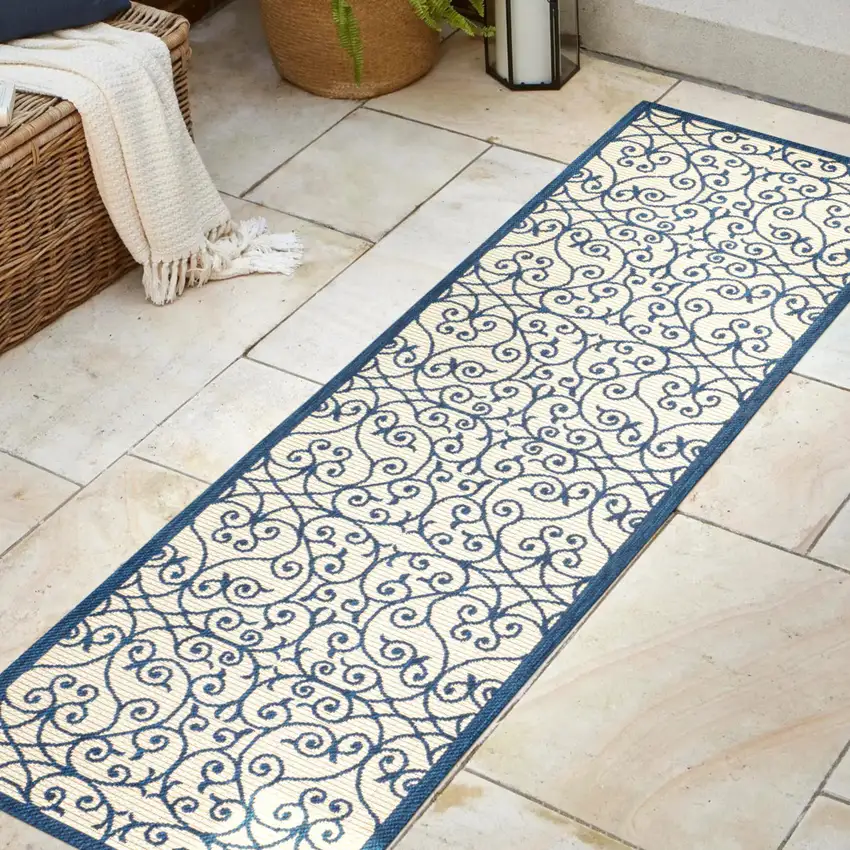 10' Navy Blue And Beige Geometric Indoor Outdoor Runner Rug Photo 5