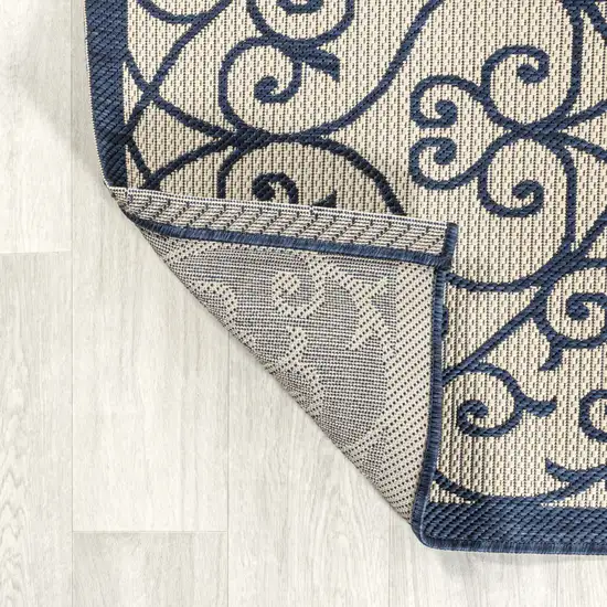 10' Navy Blue And Beige Geometric Indoor Outdoor Runner Rug Photo 8