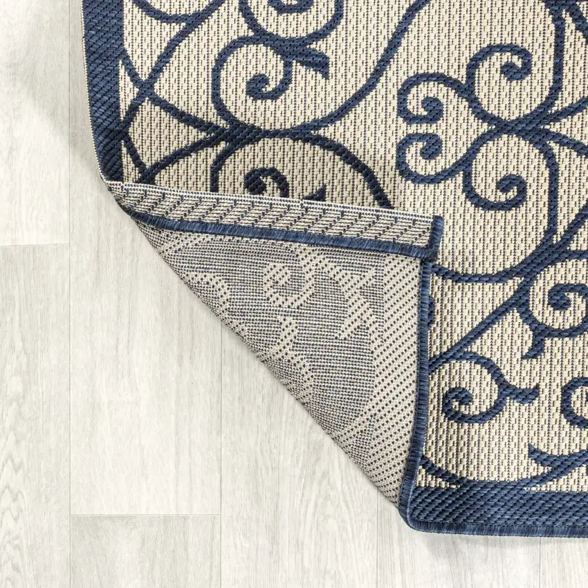 10' Navy Blue And Beige Geometric Indoor Outdoor Runner Rug Photo 8