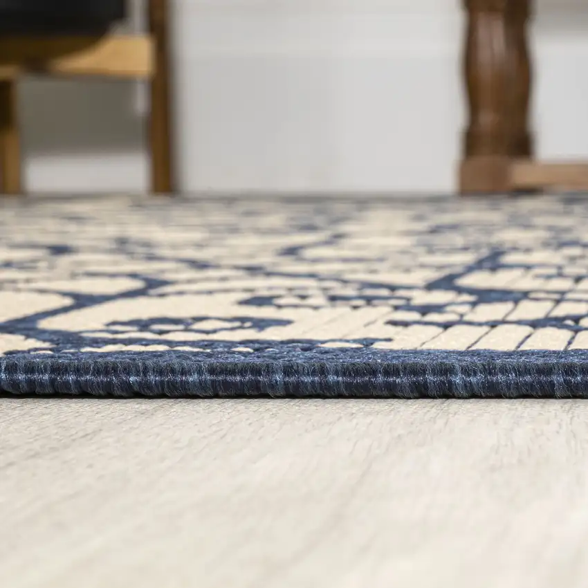 8' Navy Blue And Beige Geometric Indoor Outdoor Runner Rug Photo 9