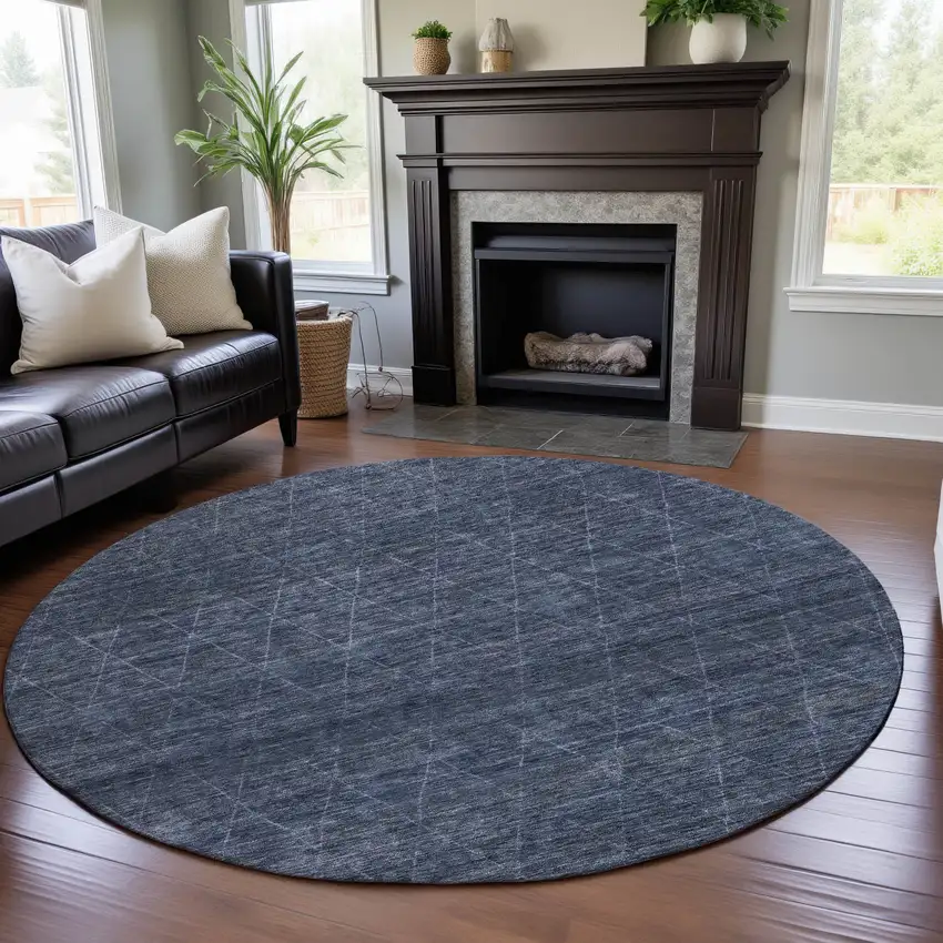 8' Navy Blue And Beige Geometric Washable Round Rug With UV Protection Photo 4