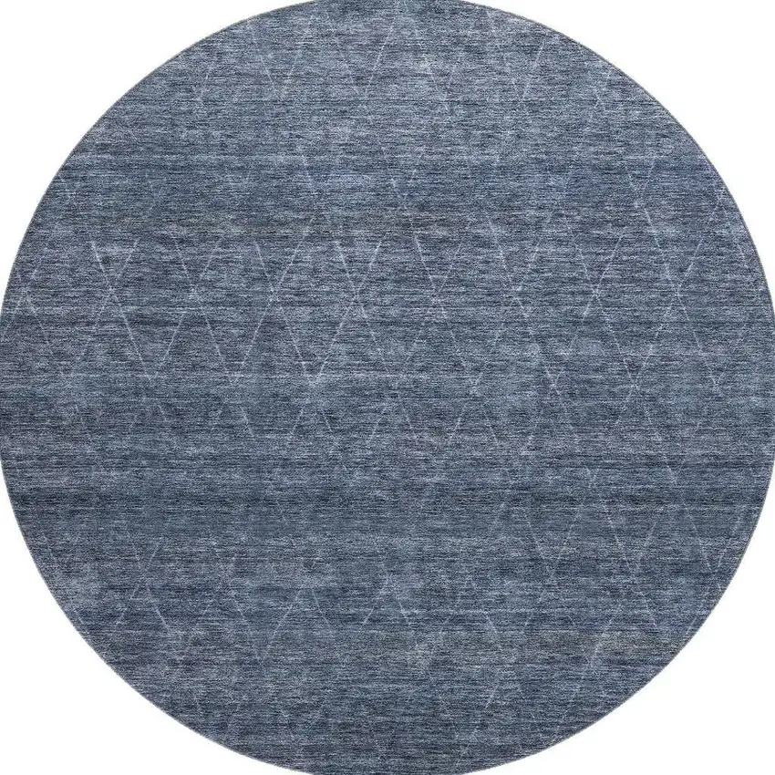 8' Navy Blue And Beige Geometric Washable Round Rug With UV Protection Photo 3