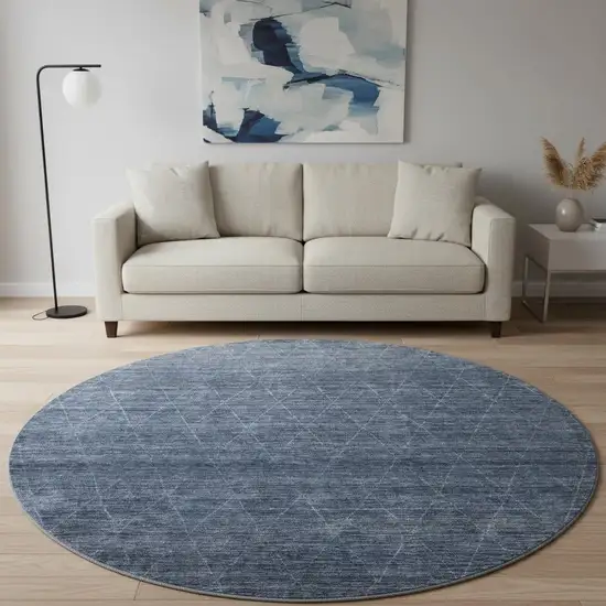 8' Navy Blue And Beige Geometric Washable Round Rug With UV Protection Photo 2