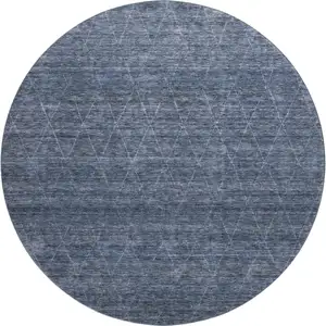 Photo of 8' Navy Blue And Beige Geometric Washable Round Rug With UV Protection