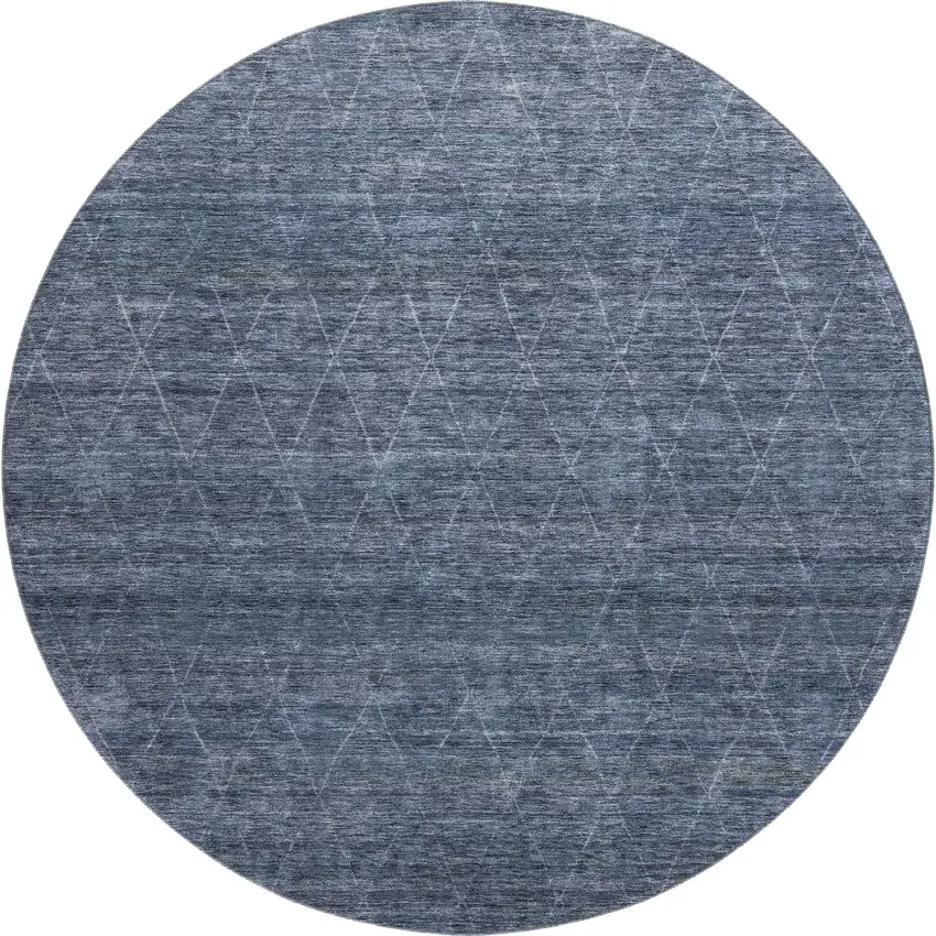 8' Navy Blue And Beige Geometric Washable Round Rug With UV Protection Photo 1
